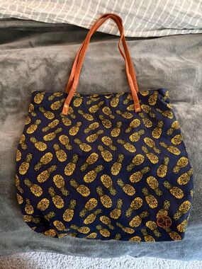 Canvas Pineapple Print Tote Bag with Tan Handles